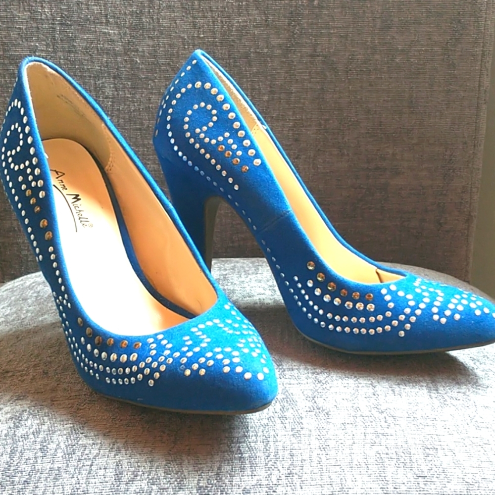 Anne Michelle Blue Studded Pointed-Toe Heels